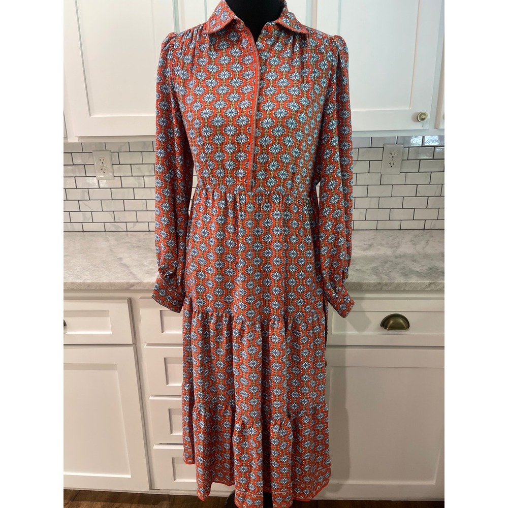 Max Studio Midi Dress Womens Small Orange Blue Floral Tiered Prairie Bohemian - Picture 1 of 12